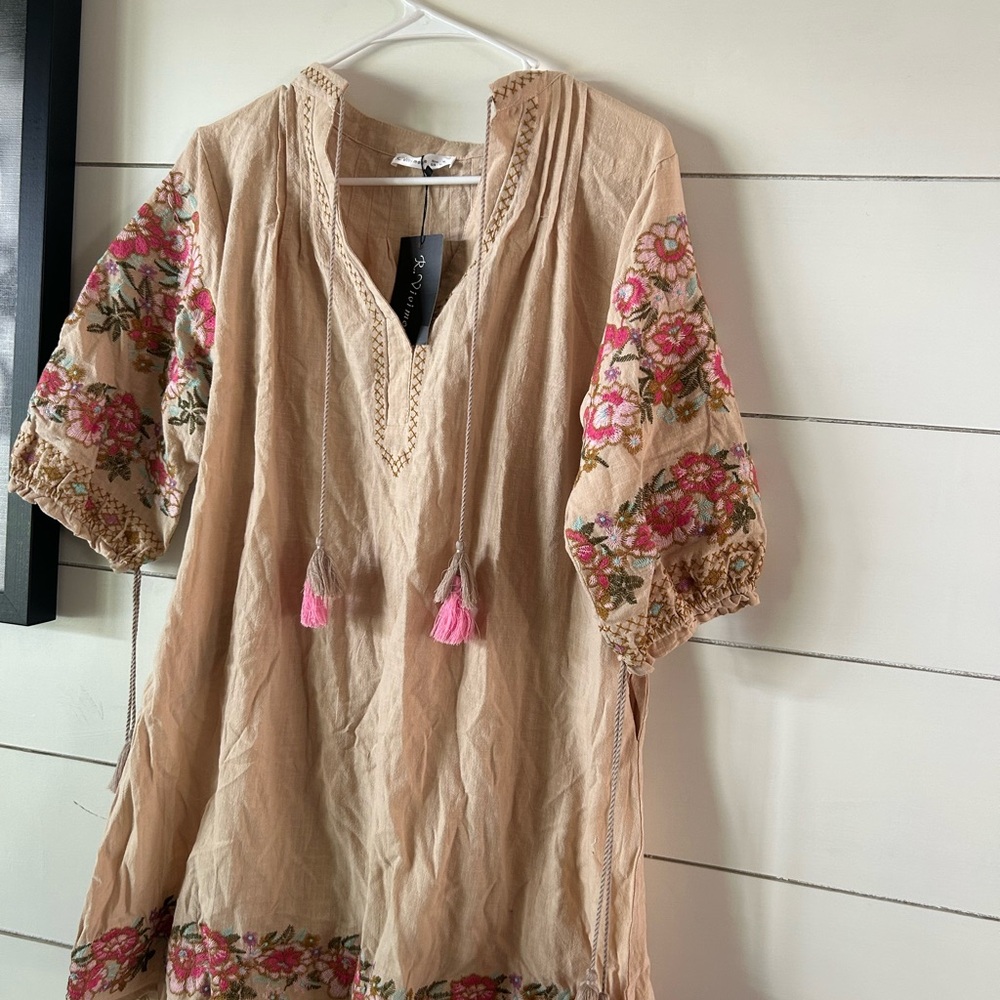 Floral Embroidered Beige Mini Dress